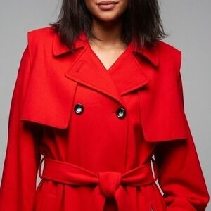 Rare TOPSHOP Red Double Breasted Trench Coat Belted Cape Detail Women Size 8